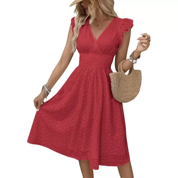 chouyatou Womens 2024 Eyelet Lace Embroidery Smocked Waist Party Dress Sexy Flutter Sleeve A Line Midi Long Sun DressRed