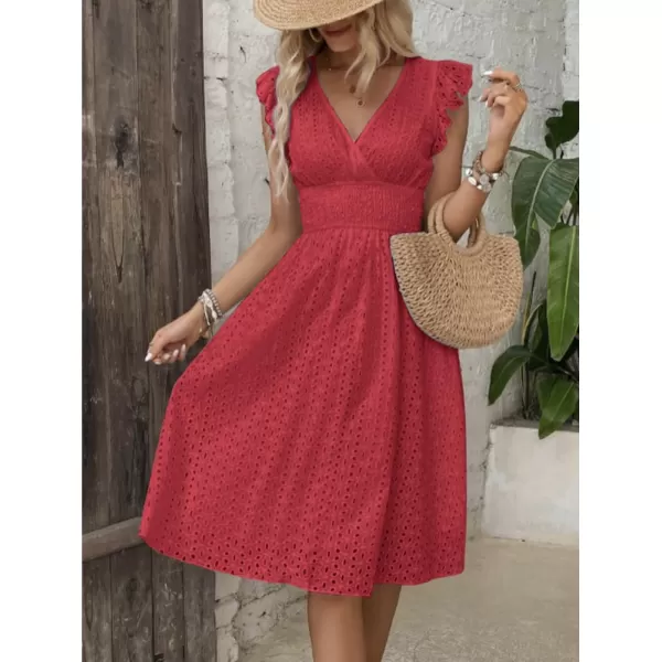chouyatou Womens 2024 Eyelet Lace Embroidery Smocked Waist Party Dress Sexy Flutter Sleeve A Line Midi Long Sun DressRed