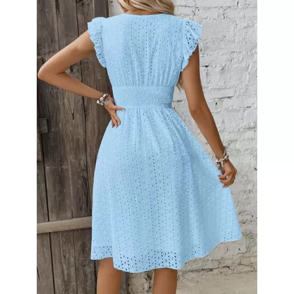 chouyatou Womens 2024 Eyelet Lace Embroidery Smocked Waist Party Dress Sexy Flutter Sleeve A Line Midi Long Sun DressSky Blue