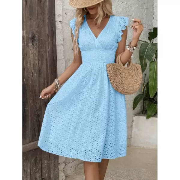 chouyatou Womens 2024 Eyelet Lace Embroidery Smocked Waist Party Dress Sexy Flutter Sleeve A Line Midi Long Sun DressSky Blue