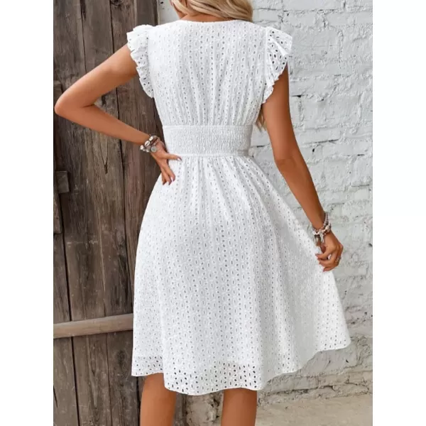 chouyatou Womens 2024 Eyelet Lace Embroidery Smocked Waist Party Dress Sexy Flutter Sleeve A Line Midi Long Sun DressWhite