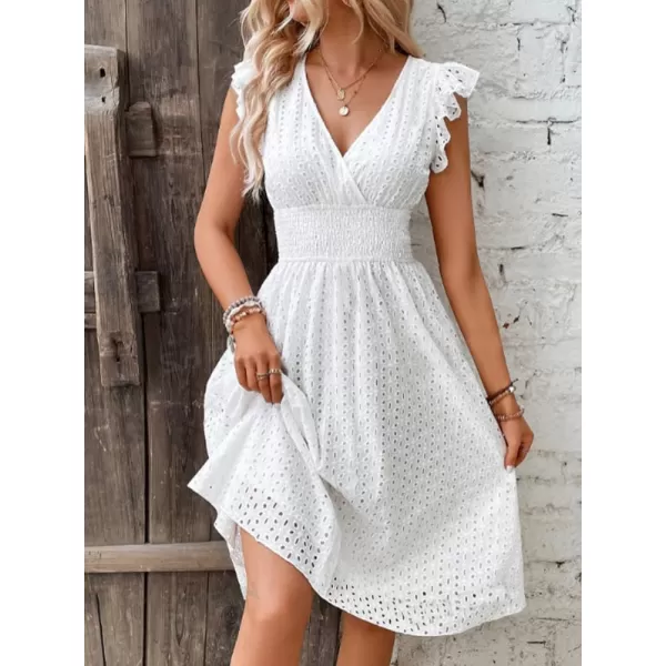 chouyatou Womens 2024 Eyelet Lace Embroidery Smocked Waist Party Dress Sexy Flutter Sleeve A Line Midi Long Sun DressWhite