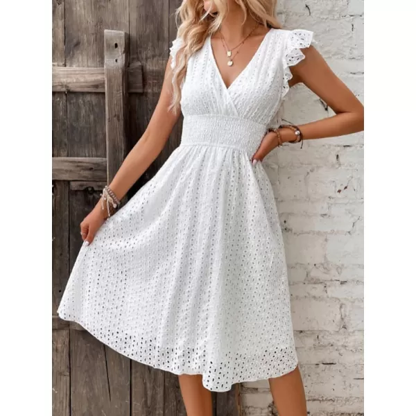chouyatou Womens 2024 Eyelet Lace Embroidery Smocked Waist Party Dress Sexy Flutter Sleeve A Line Midi Long Sun DressWhite