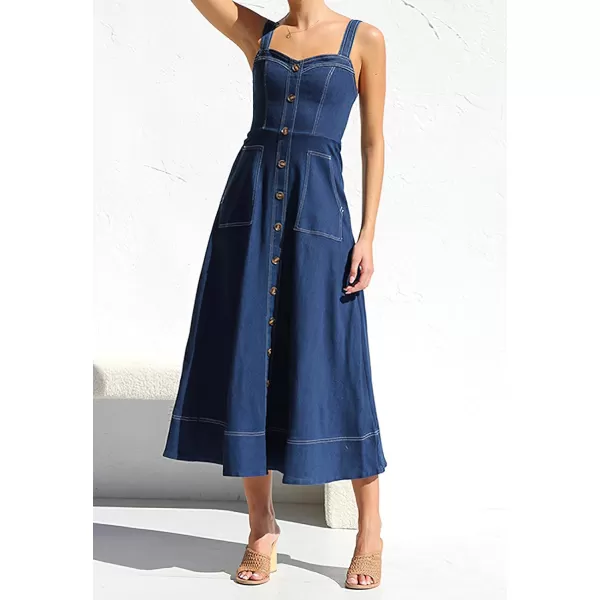 chouyatou Womens Adjustable Strap Midi Long Denim Dress 2024 Button Down ALine Swing Flowy Jean DressDark Blue
