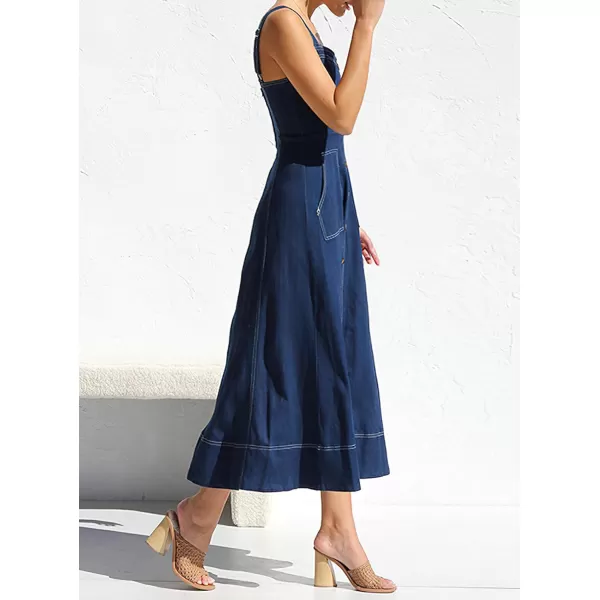 chouyatou Womens Adjustable Strap Midi Long Denim Dress 2024 Button Down ALine Swing Flowy Jean DressDark Blue
