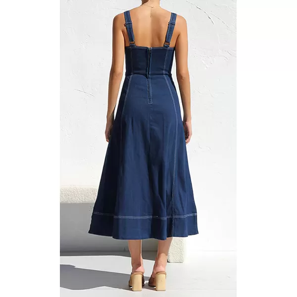 chouyatou Womens Adjustable Strap Midi Long Denim Dress 2024 Button Down ALine Swing Flowy Jean DressDark Blue
