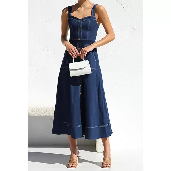 chouyatou Womens Adjustable Strap Midi Long Denim Dress 2024 Button Down ALine Swing Flowy Jean DressDark Blue