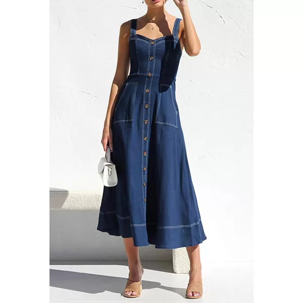 chouyatou Womens Adjustable Strap Midi Long Denim Dress 2024 Button Down ALine Swing Flowy Jean DressDark Blue