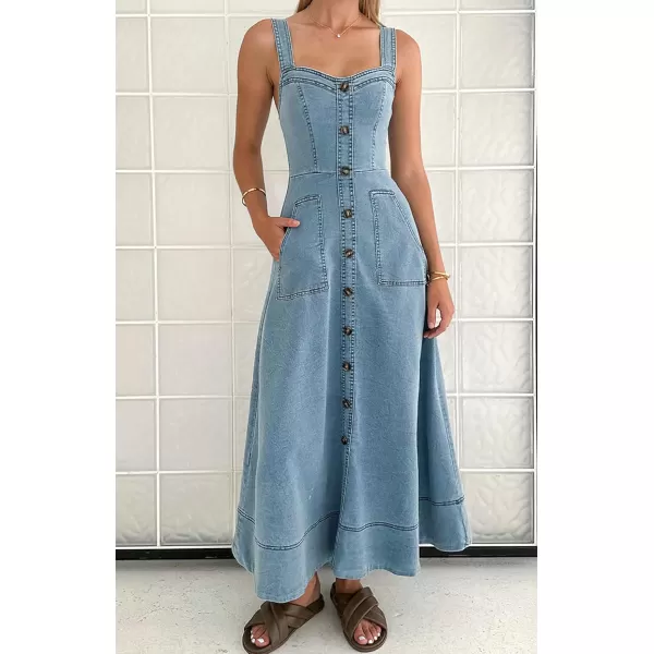 chouyatou Womens Adjustable Strap Midi Long Denim Dress 2024 Button Down ALine Swing Flowy Jean DressLight Blue