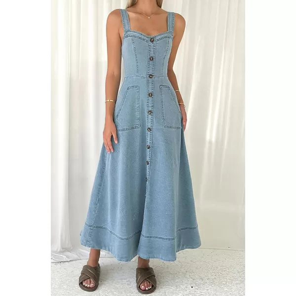 chouyatou Womens Adjustable Strap Midi Long Denim Dress 2024 Button Down ALine Swing Flowy Jean DressLight Blue