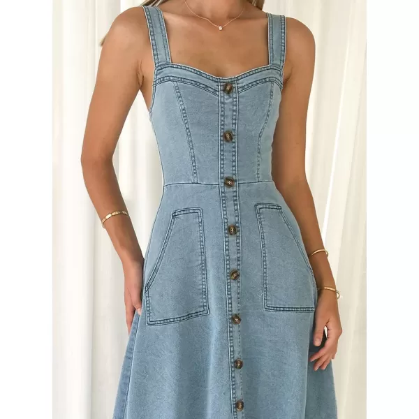 chouyatou Womens Adjustable Strap Midi Long Denim Dress 2024 Button Down ALine Swing Flowy Jean DressLight Blue