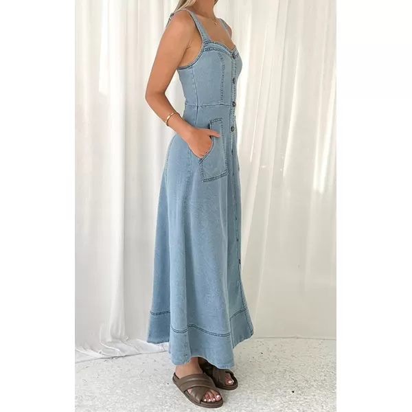 chouyatou Womens Adjustable Strap Midi Long Denim Dress 2024 Button Down ALine Swing Flowy Jean DressLight Blue