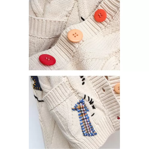 chouyatou Womens Cable Knit Embroidery Patchwork Cardigan V Neck Long Sleeve Open Front Button Down SweaterBeige