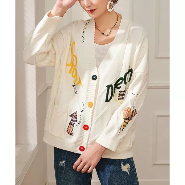 chouyatou Womens Cable Knit Embroidery Patchwork Cardigan V Neck Long Sleeve Open Front Button Down SweaterBeige