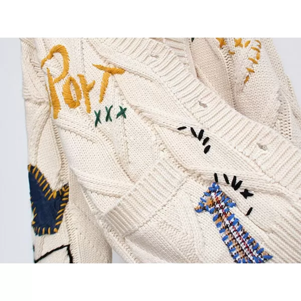 chouyatou Womens Cable Knit Embroidery Patchwork Cardigan V Neck Long Sleeve Open Front Button Down SweaterBeige