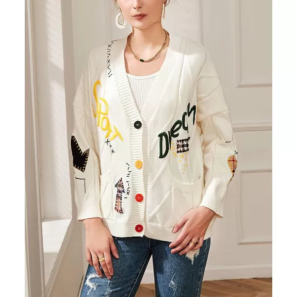 chouyatou Womens Cable Knit Embroidery Patchwork Cardigan V Neck Long Sleeve Open Front Button Down SweaterBeige