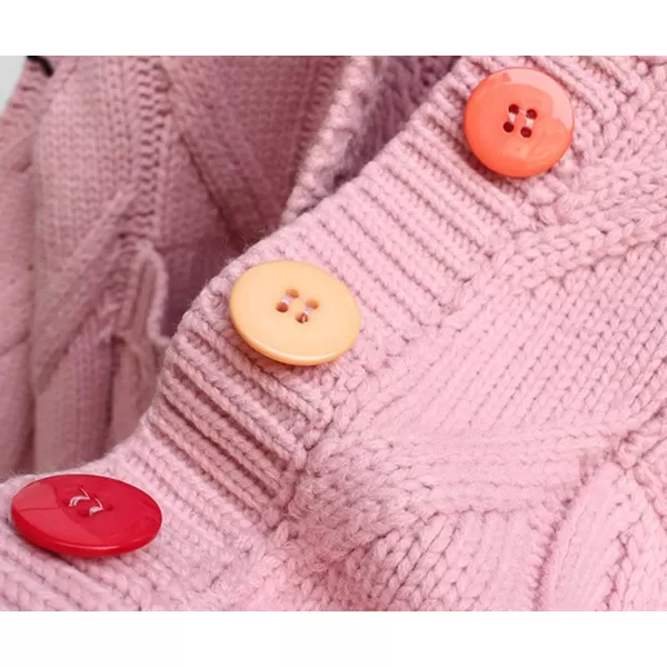 chouyatou Womens Cable Knit Embroidery Patchwork Cardigan V Neck Long Sleeve Open Front Button Down SweaterPink