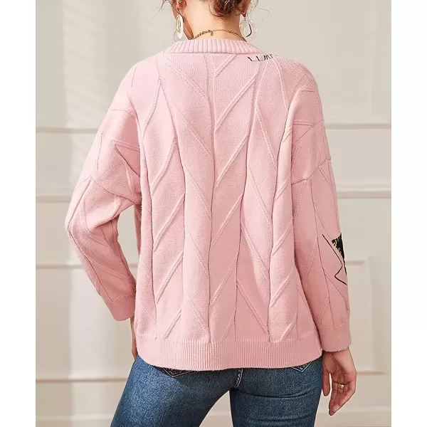 chouyatou Womens Cable Knit Embroidery Patchwork Cardigan V Neck Long Sleeve Open Front Button Down SweaterPink