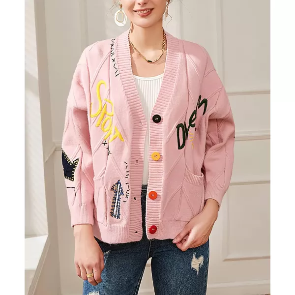chouyatou Womens Cable Knit Embroidery Patchwork Cardigan V Neck Long Sleeve Open Front Button Down SweaterPink