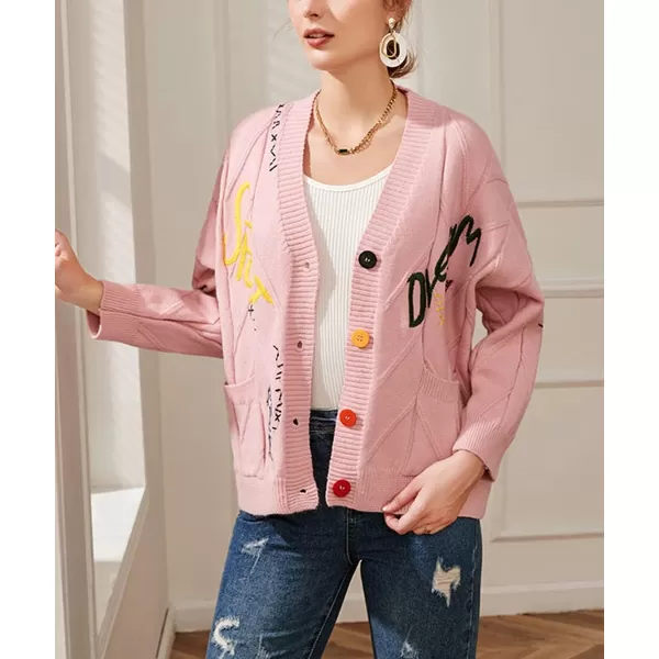 chouyatou Womens Cable Knit Embroidery Patchwork Cardigan V Neck Long Sleeve Open Front Button Down SweaterPink