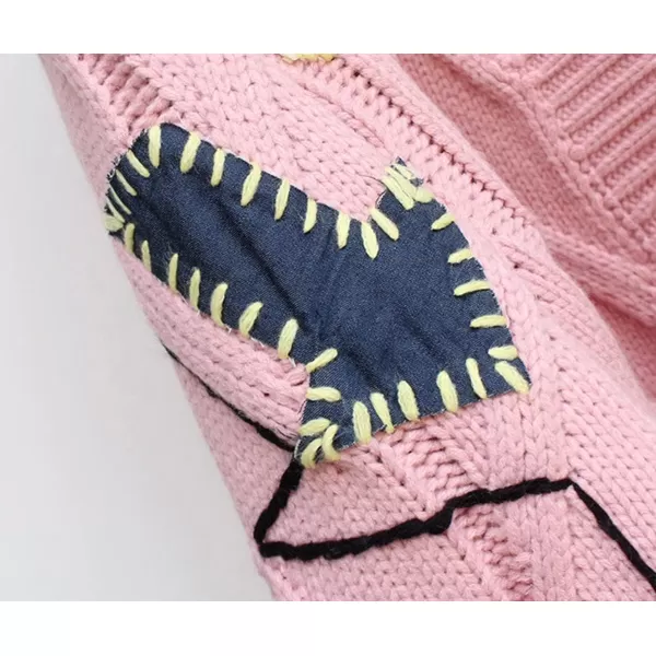 chouyatou Womens Cable Knit Embroidery Patchwork Cardigan V Neck Long Sleeve Open Front Button Down SweaterPink