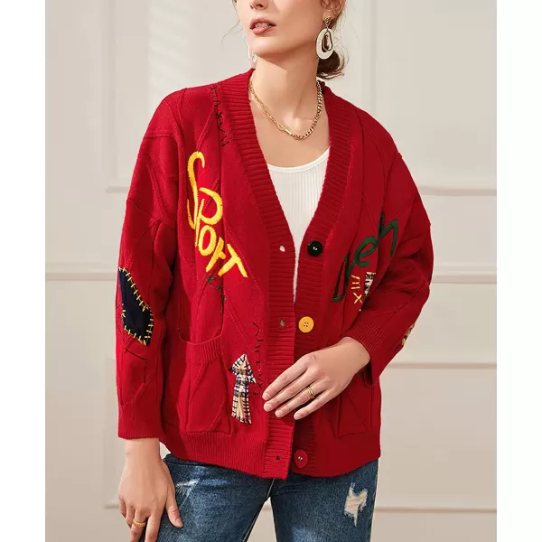 chouyatou Womens Cable Knit Embroidery Patchwork Cardigan V Neck Long Sleeve Open Front Button Down SweaterRed