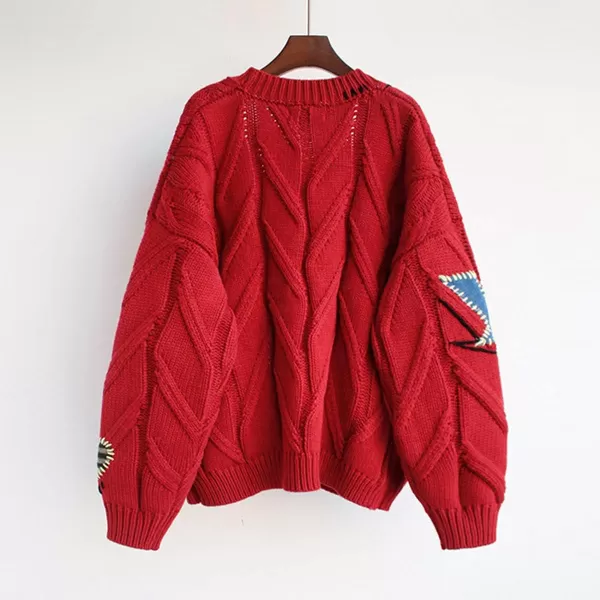chouyatou Womens Cable Knit Embroidery Patchwork Cardigan V Neck Long Sleeve Open Front Button Down SweaterRed