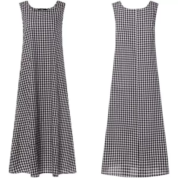 chouyatou Womens Casual LooseFit Cotton and Linen Plaid Tank Maxi Dress with PocketsBlack