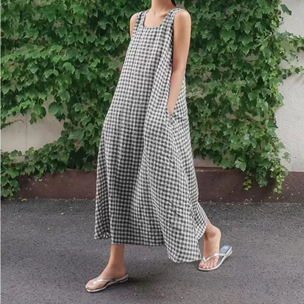 chouyatou Womens Casual LooseFit Cotton and Linen Plaid Tank Maxi Dress with PocketsBlack