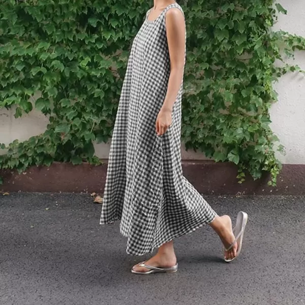 chouyatou Womens Casual LooseFit Cotton and Linen Plaid Tank Maxi Dress with PocketsBlack