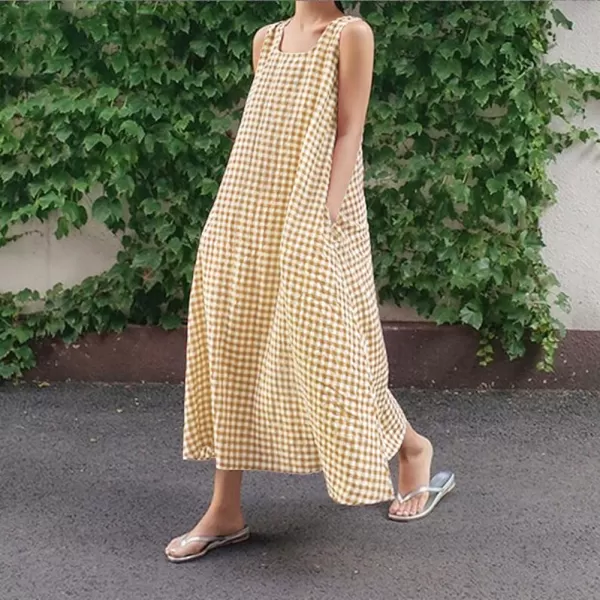 chouyatou Womens Casual LooseFit Cotton and Linen Plaid Tank Maxi Dress with PocketsKhaki