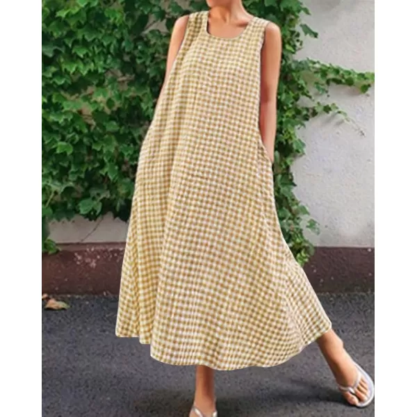 chouyatou Womens Casual LooseFit Cotton and Linen Plaid Tank Maxi Dress with PocketsKhaki