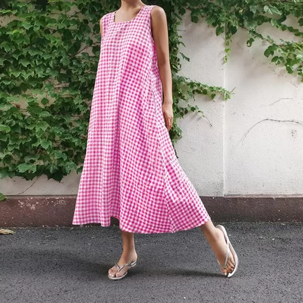 chouyatou Womens Casual LooseFit Cotton and Linen Plaid Tank Maxi Dress with PocketsPink