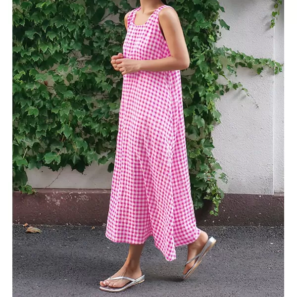 chouyatou Womens Casual LooseFit Cotton and Linen Plaid Tank Maxi Dress with PocketsPink