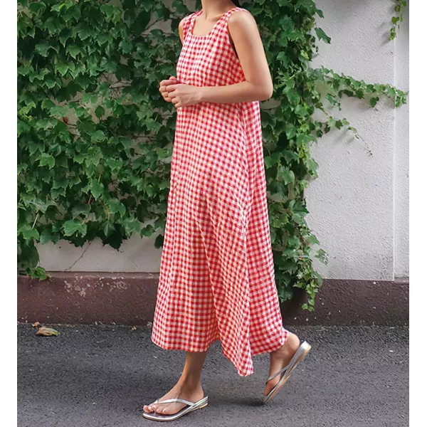 chouyatou Womens Casual LooseFit Cotton and Linen Plaid Tank Maxi Dress with PocketsRed