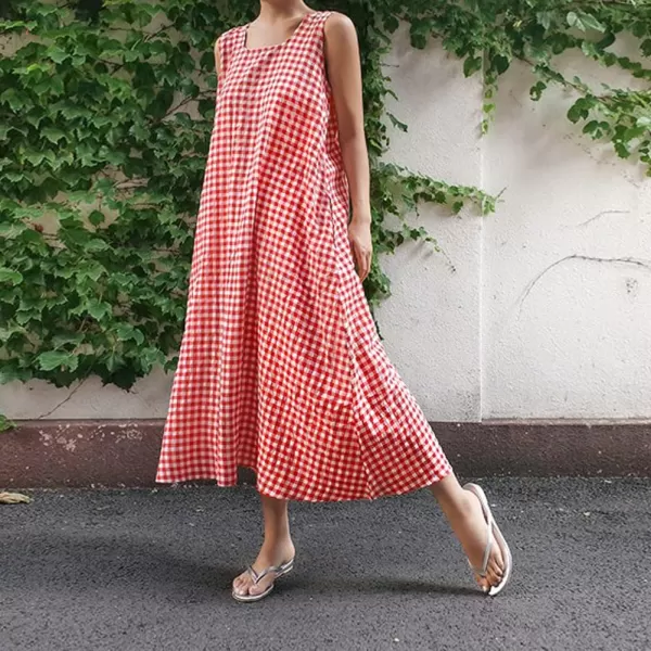 chouyatou Womens Casual LooseFit Cotton and Linen Plaid Tank Maxi Dress with PocketsRed