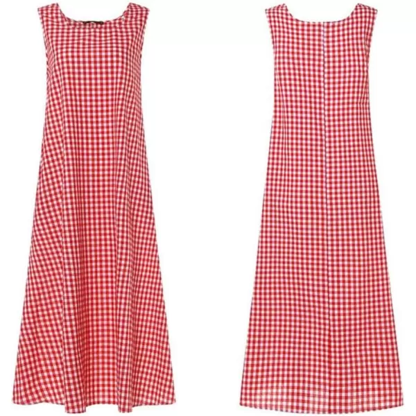 chouyatou Womens Casual LooseFit Cotton and Linen Plaid Tank Maxi Dress with PocketsRed