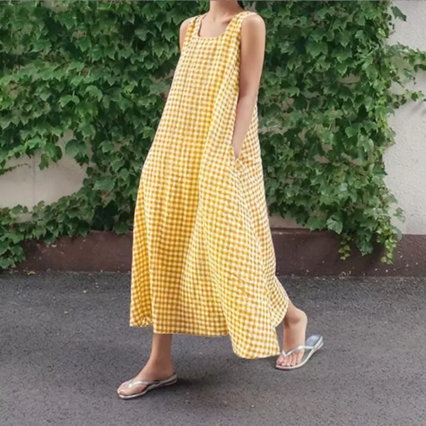 chouyatou Womens Casual LooseFit Cotton and Linen Plaid Tank Maxi Dress with PocketsYellow