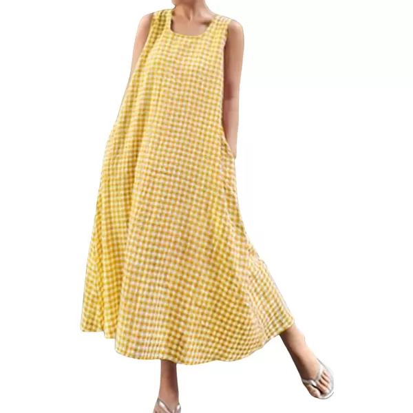 chouyatou Womens Casual LooseFit Cotton and Linen Plaid Tank Maxi Dress with PocketsYellow