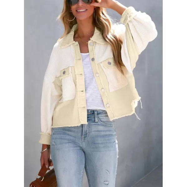 chouyatou Womens Cropped Waffle Knit Jacket Boyfriend Button Down Shirt Shacket TopsApricot