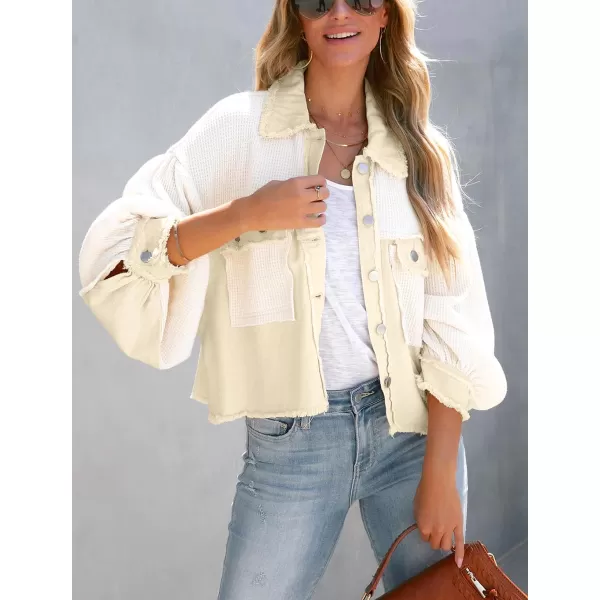 chouyatou Womens Cropped Waffle Knit Jacket Boyfriend Button Down Shirt Shacket TopsApricot