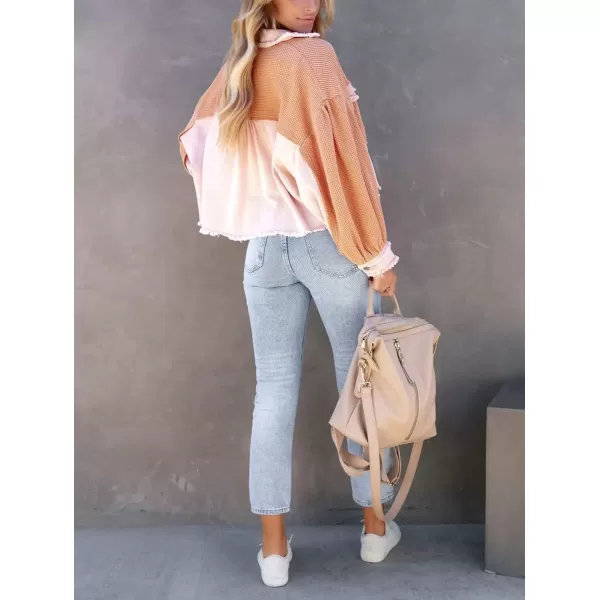chouyatou Womens Cropped Waffle Knit Jacket Boyfriend Button Down Shirt Shacket TopsPink