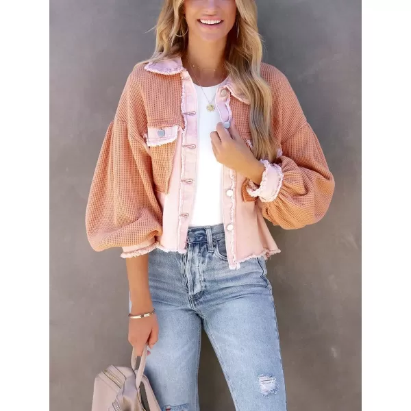 chouyatou Womens Cropped Waffle Knit Jacket Boyfriend Button Down Shirt Shacket TopsPink