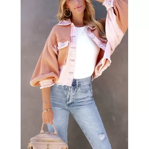 chouyatou Womens Cropped Waffle Knit Jacket Boyfriend Button Down Shirt Shacket TopsPink