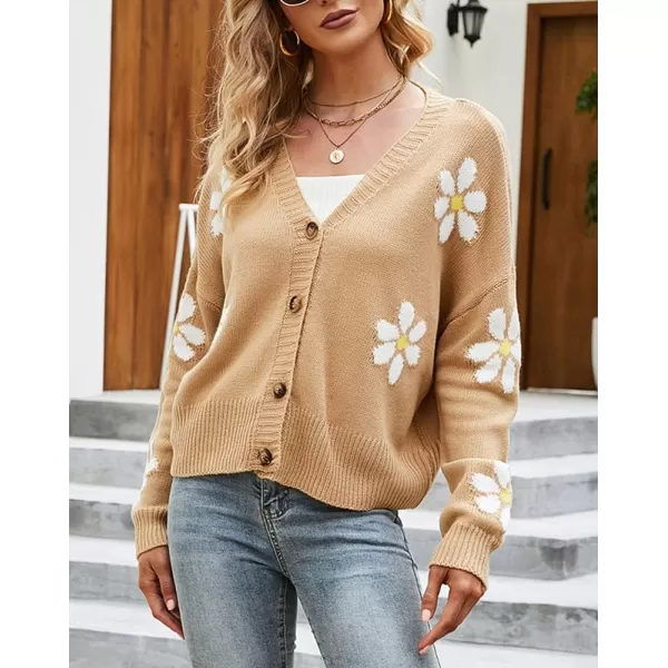 chouyatou Womens Fall Cute Daisy Button Jacquard Knit Cardigan Sweater JacketKhaki