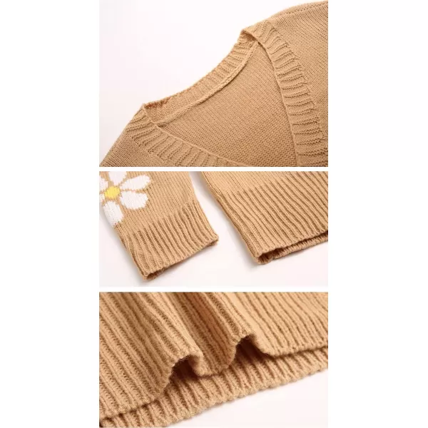 chouyatou Womens Fall Cute Daisy Button Jacquard Knit Cardigan Sweater JacketKhaki