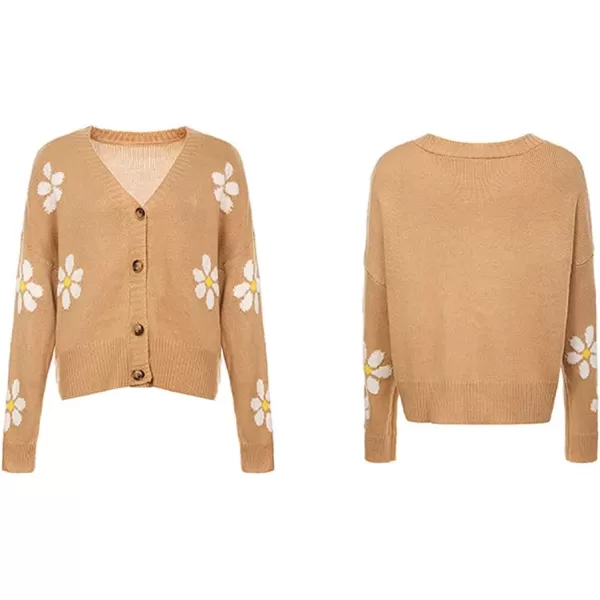 chouyatou Womens Fall Cute Daisy Button Jacquard Knit Cardigan Sweater JacketKhaki