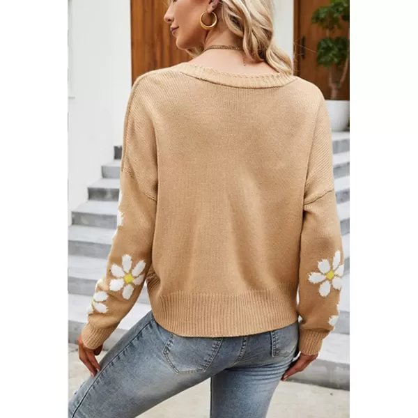 chouyatou Womens Fall Cute Daisy Button Jacquard Knit Cardigan Sweater JacketKhaki