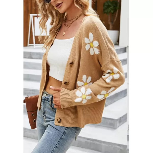 chouyatou Womens Fall Cute Daisy Button Jacquard Knit Cardigan Sweater JacketKhaki