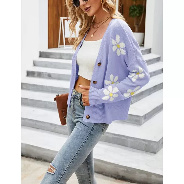 chouyatou Womens Fall Cute Daisy Button Jacquard Knit Cardigan Sweater JacketLight Purple
